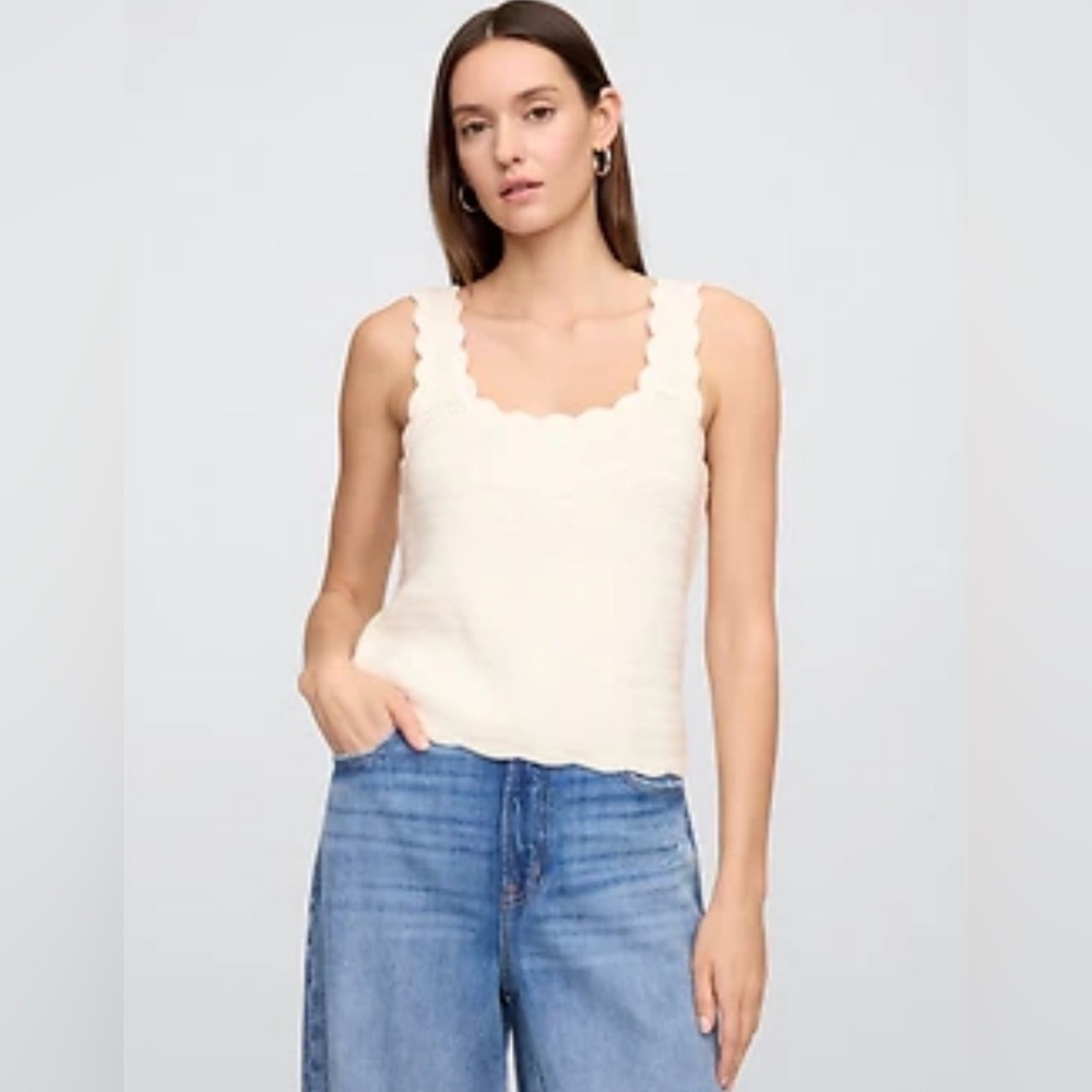 GAP Square Neck Knit Tank Top M White Scalloped Hem NWT Retail $49.99